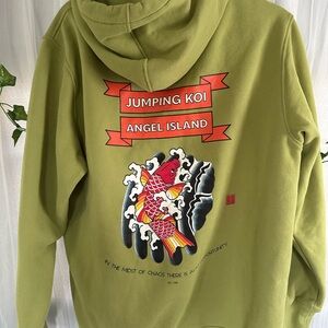 Essentials Olive Green Zip-Up Hoodie with Red Koi Graphic